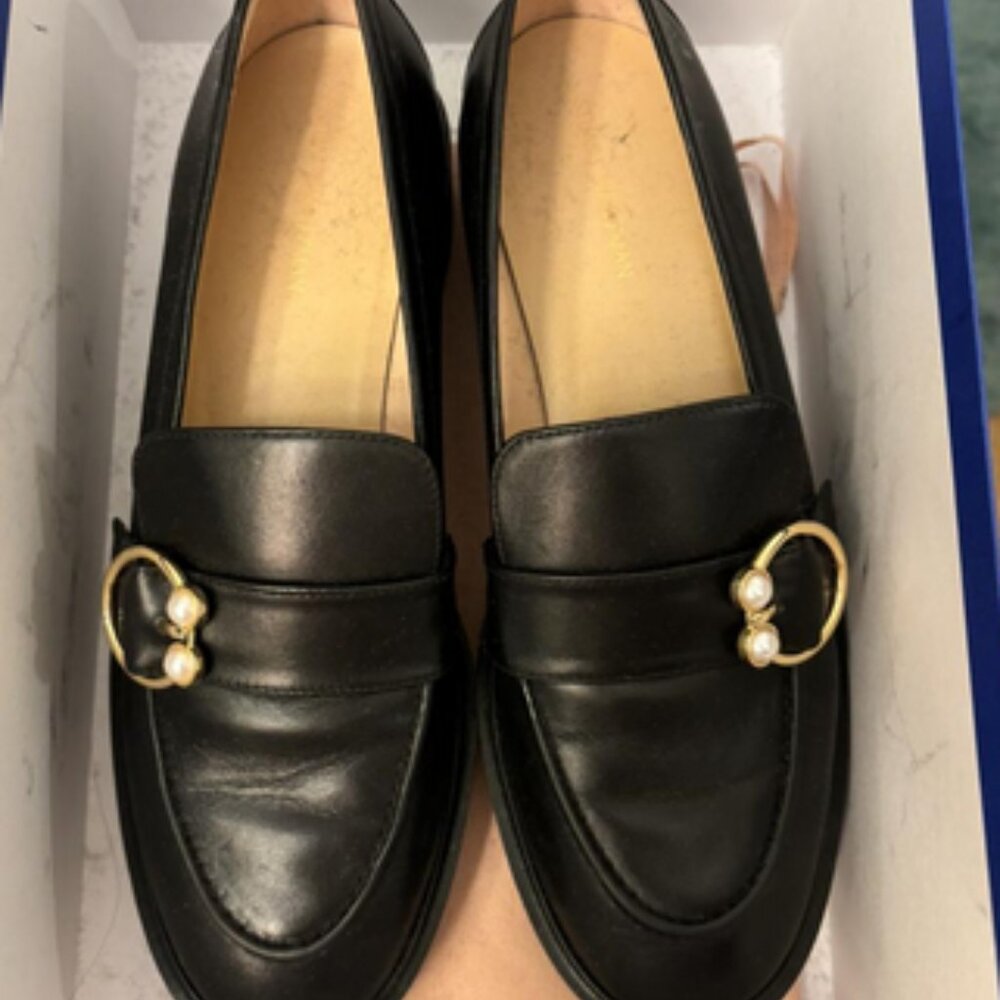Stuart Weitzman Black Leather Loafers with Gold Pearl Buckles